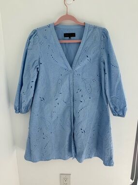 Zara Sky Blue Eyelet V-Neck Mini Dress
